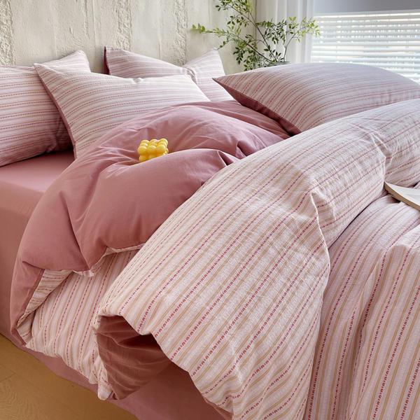 G5Z Cotton Yarn-Dyed Stripe Duvet Cover Set - 4 Pieces, All-Season Bedding for Dorms