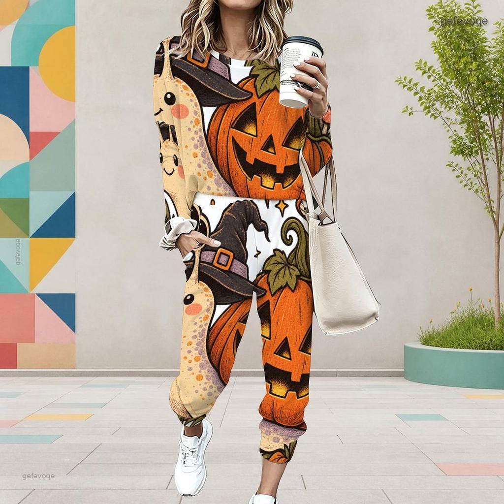 Women Plus Size Round Neck Long Sleeve Cartoon Bear Printed Cuffed Top And Pants Two Piece Set