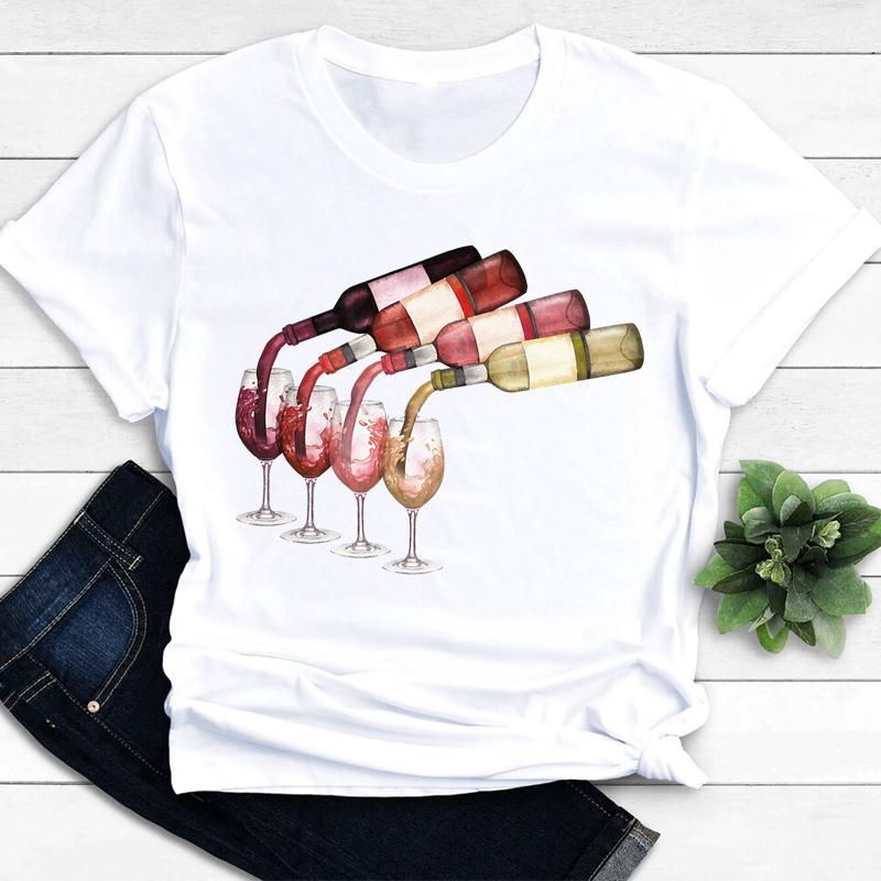 Womens Vintage Tee Color Wine Glass Print a Generation Hair Base Shirt Trend Aesthetic Graphic T Shirts Casual Tops