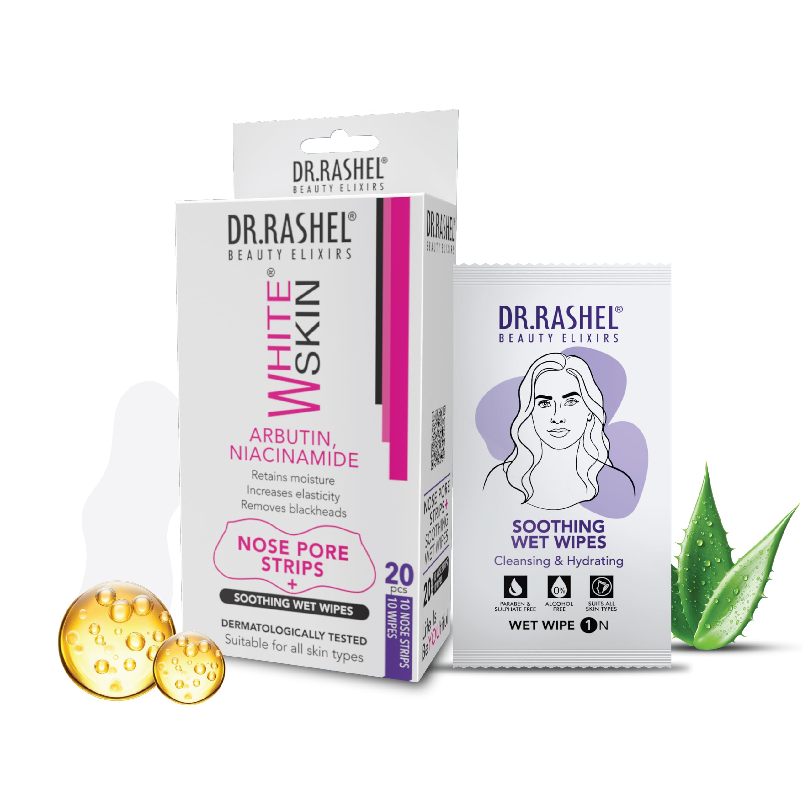

DR.RASHEL White Skin Nose Pore Strips | With Arbutin & Niacinamide | Instant Blackhead Removal | Deep Cleansing | 10 Strips + 10 Wipes | 20 PCS