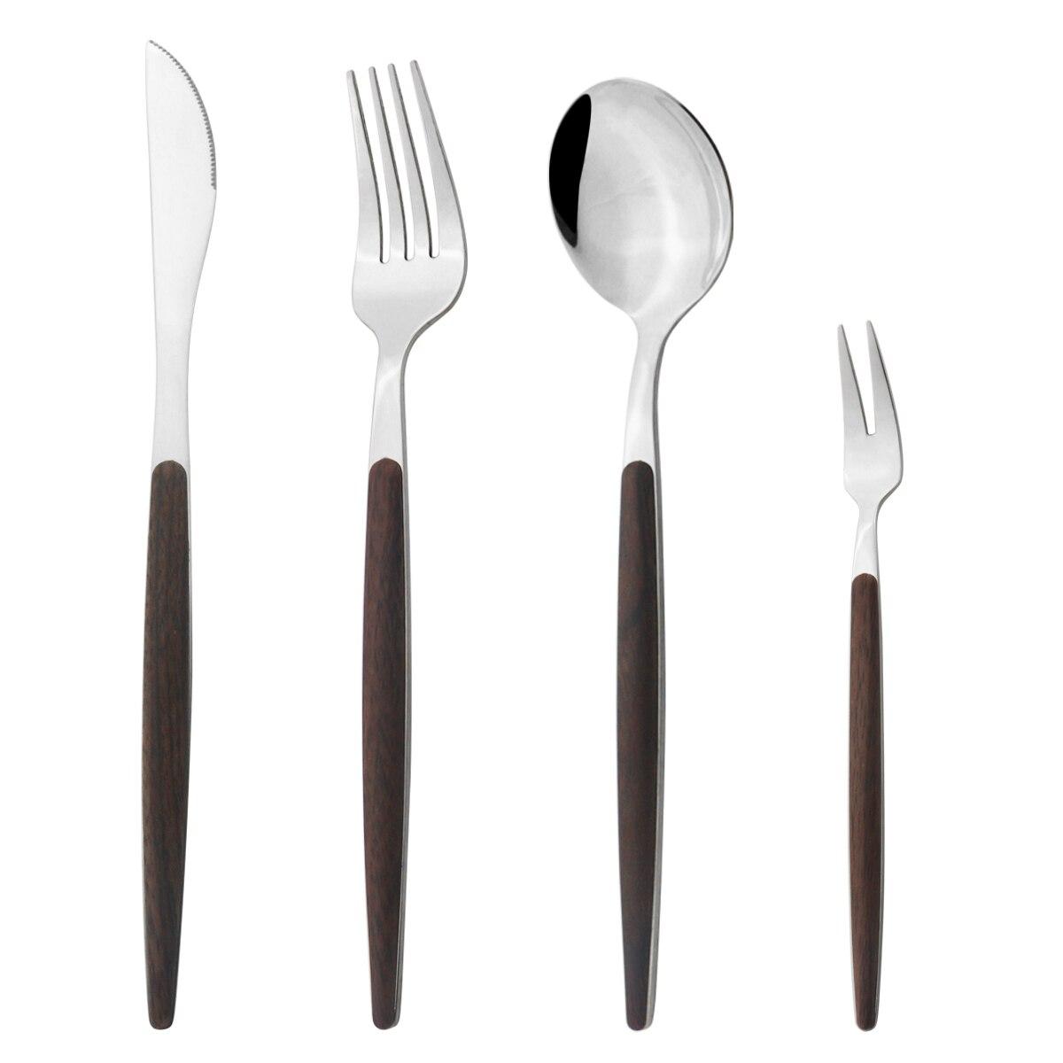 

4 шт. золотой набор столовых приборов из нержавеющей стали, посуда с деревянной ручкой, глянцевый нож, вилка, ложка, набор кухонных столовых приборов в западном стиле b dark silver серебряный/темно-коричневого
