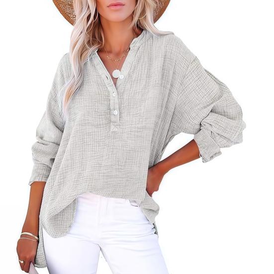 Women Shirt V-Neck Buttons Half Placket Long Sleeve Pullover Tops Solid Color Loose Fit Pleated Tops Casual Tee Daily Wear