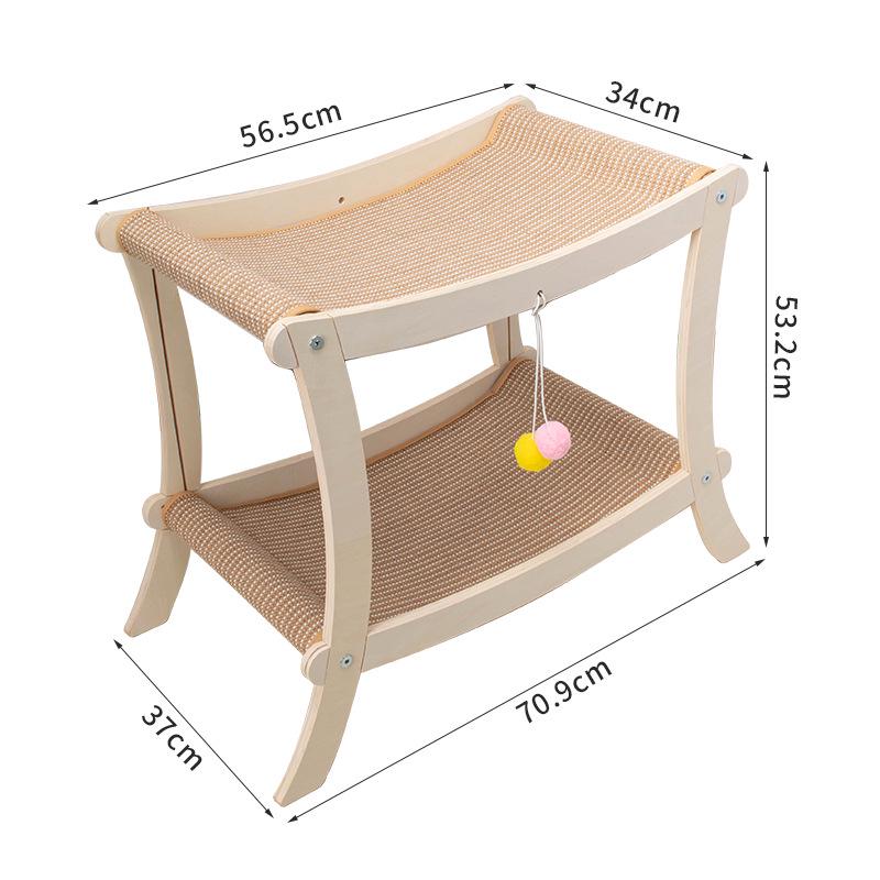 Two-Story Cat Bed with Rattan Mat, Sisal Scratching Post & Solid Wood Frame