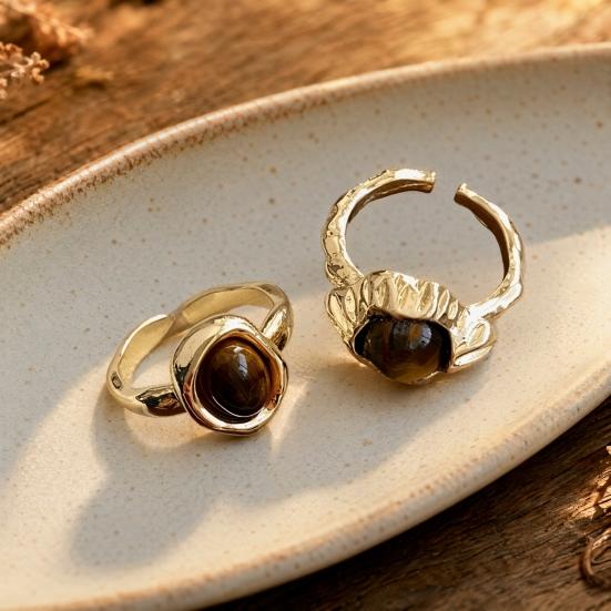 2Pcs Tiger Eye Stone Ring for Men Women, Adjustable Natural Stone Open Ring, Vintage Statement Ring, Jewelry Gift for Him Her