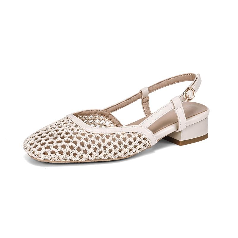 Fashion Women's new spring/summer square toe hollowed out mesh with metal elastic buckle, mid heel, oversized toe closure,M ü ller sands