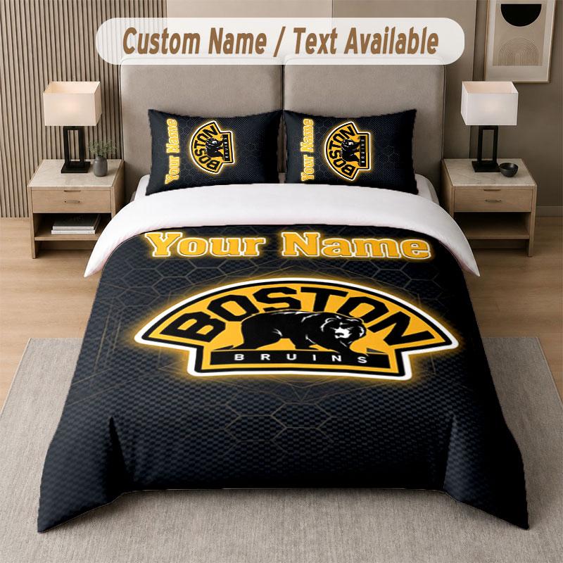 Set Biancheria da Letto Personalizzato Modello Boston Bruins, Stampa Nome Testo 1 Copripiumino più 2 Federe Tessile per la Casa