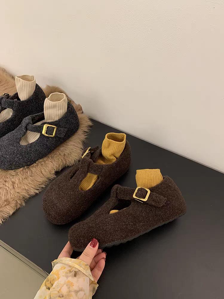 

2025 осень и зима высококлассные серые шерстяные туфли Мэри Джейн, пушистые, женские туфли с круглым носком, одинарные туфли, бархатные хлопковые туфли 40 коричневый
