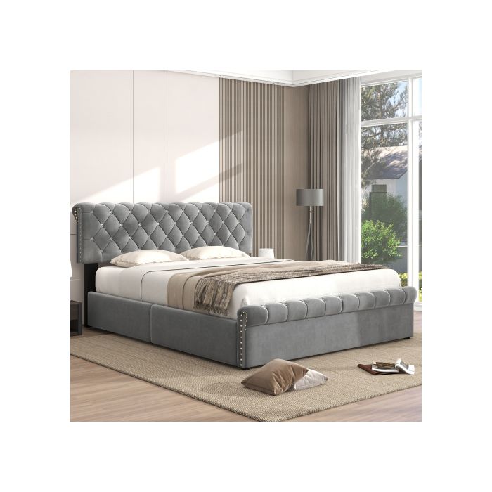 Funktionelles Bett - MUVOE - Euro - Verstellbares Kopfteil - Kristall-Dekoration - 140 x 200 cm - Grau