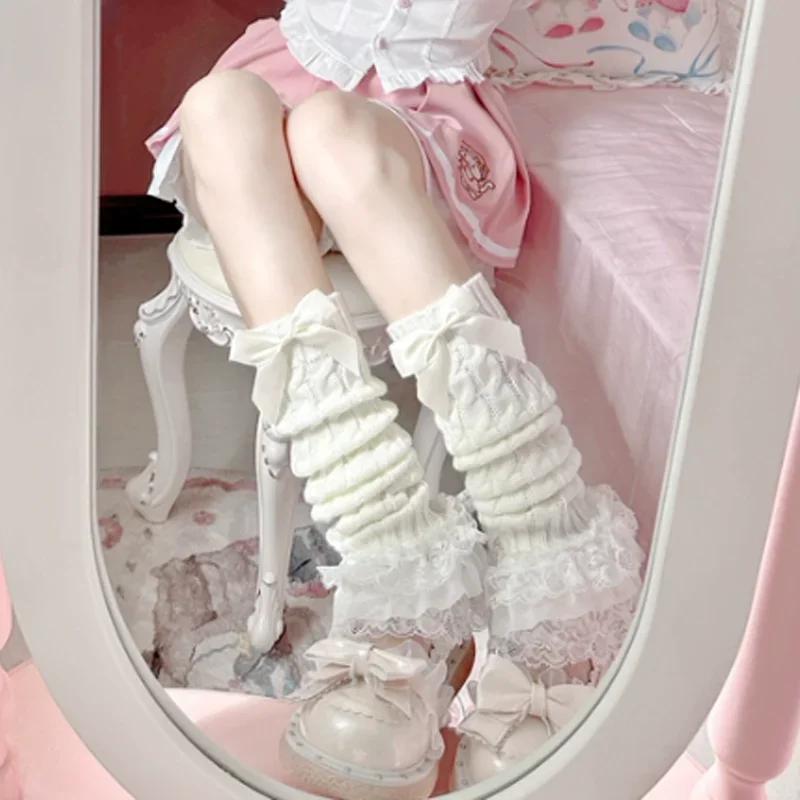 Ruffle Lace Woman Leg Warmers Cable Knit Socks Cute New Japanese Lolita Sweet Girl Foot Cover Calf Socks Boot Cuffs Slouch Socks