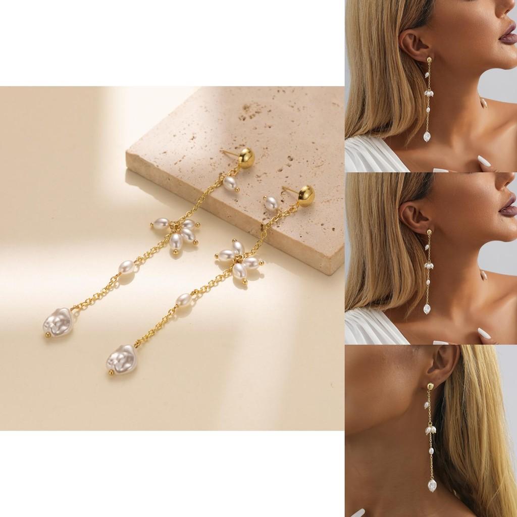 Stylish Chain Link Gold Plated Faux Pearl Earrings For Women Chic Street Style