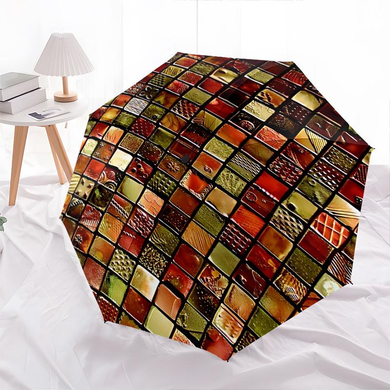 Mosaic Tiles Themed Automatic Opening and Closing Umbrella, Brightly Colored 8-rib Portable Umbrella, Suitable for Men and Women, A Perfect