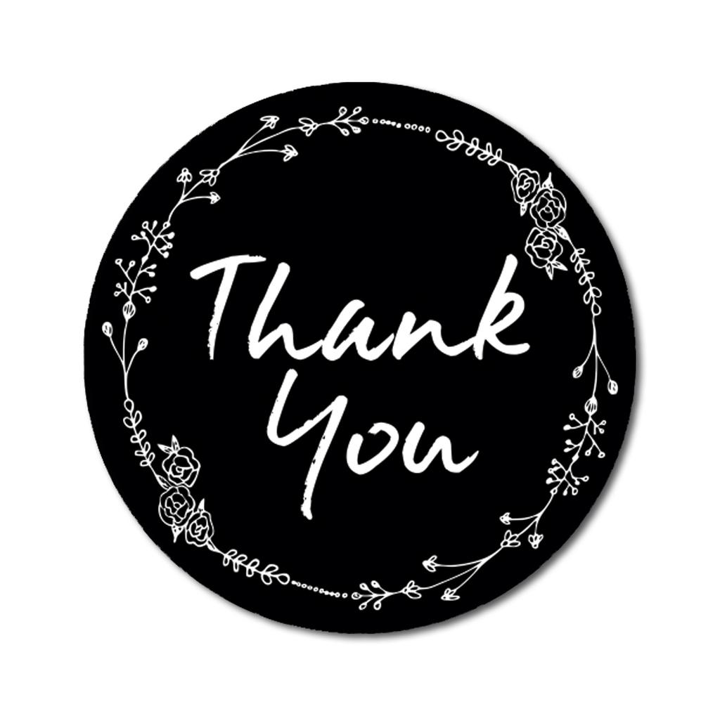 Darling Souvenir 1.6 Inches Round Rose Hand Draw Floral Wreath Black Thank You Stickers-45