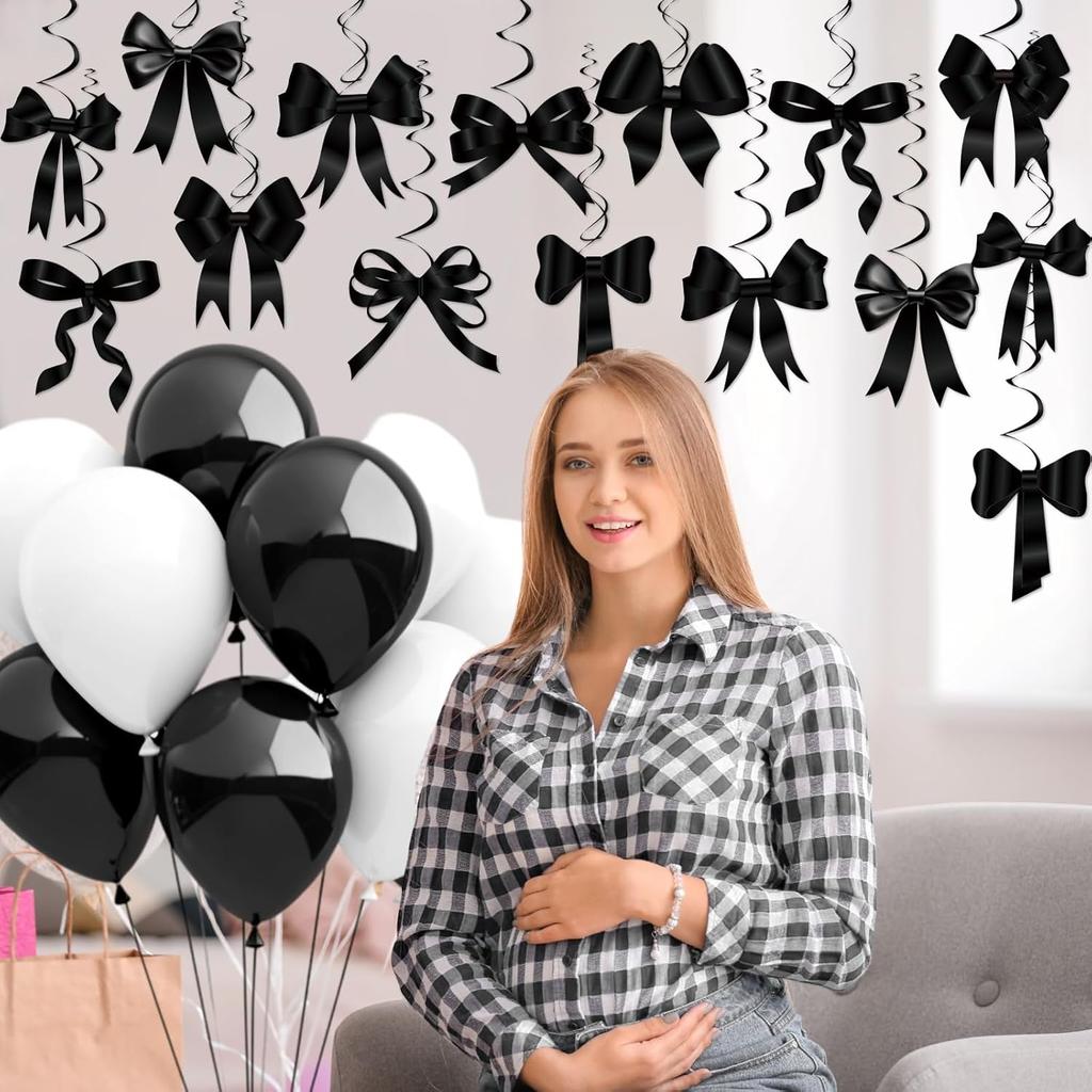 Clabby Black Bow Birthday Decorations Black Coquette Hanging Swirls Garland Banner Bow Party Decorations Ribbon Paper Cutouts for Girls Baby Shower