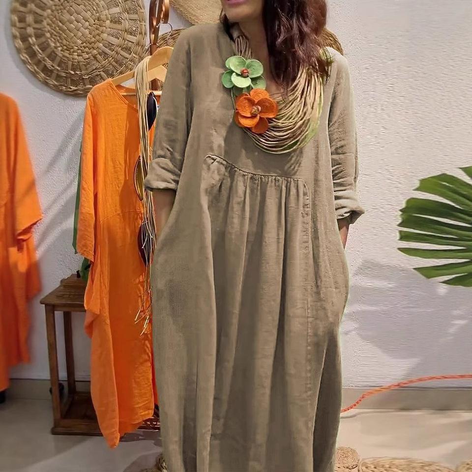 Green Loose Fit Long Dress with Pockets, Casual Flowy Maxi Dress In Multiple Colors