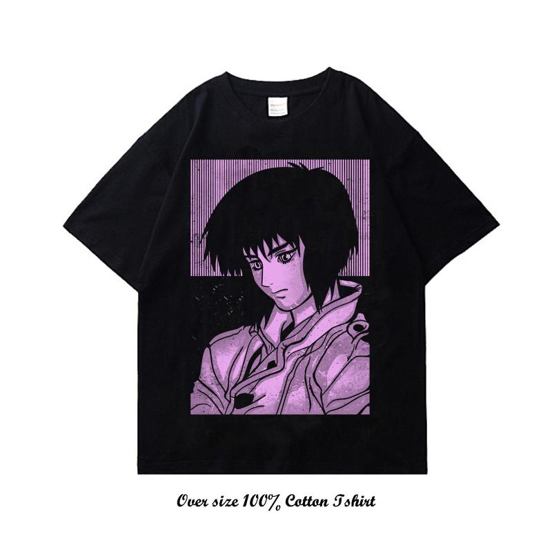 90s Anime Ghost In The Shell Pánské tričko Potisk Vintage Streetwear Hip Hop Oblečení Krátký rukáv Nadměrné Ležérní Bavlněné tričko