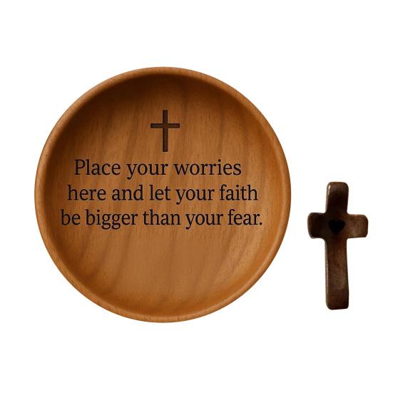 Wooden Prayer Bowl Handcrafted Round Dough Bowl with Carved Pattern Faith Based Encouragement Gift for Christian Prayer