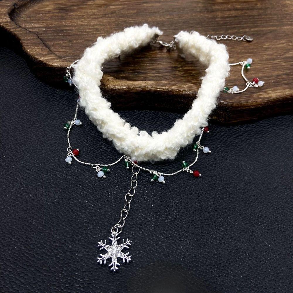Tassel Snowflake Rhinestone Necklace Santa Claus Xmas Clavicle Chain Christmas Plush Choker  Winter