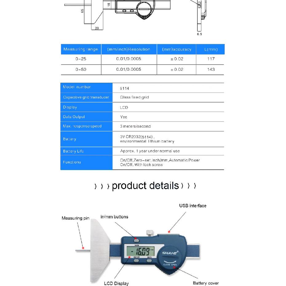 SHAHE Digital Depth Gauge 0-25mm/0-50 Mm Tread Depth Gauge For Car Tire Digital Depth Calipers Measuring Tools