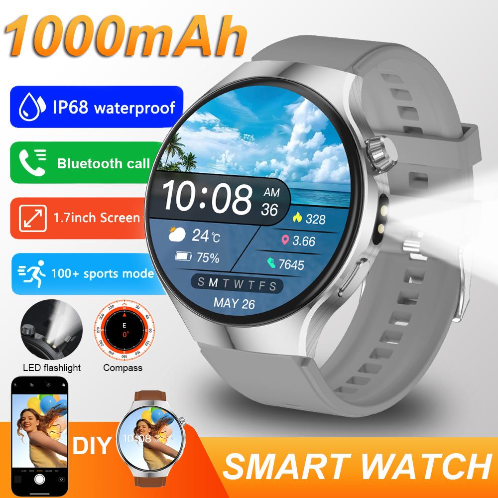 

New 1000mAh Battery Smart Watch Flashlight 1.70 HD Screen GPS track Heart Rate BT Call Compass Smartwatch for Men серебряный