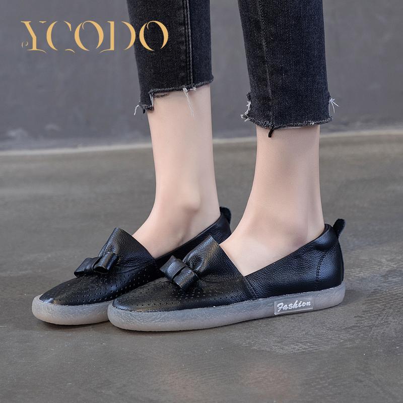 Spring and Summer Natural Leather Soft Bottom Hollow Out Women's Shoes Bow Flat Comfortable Non-slip Pregnant Shoes