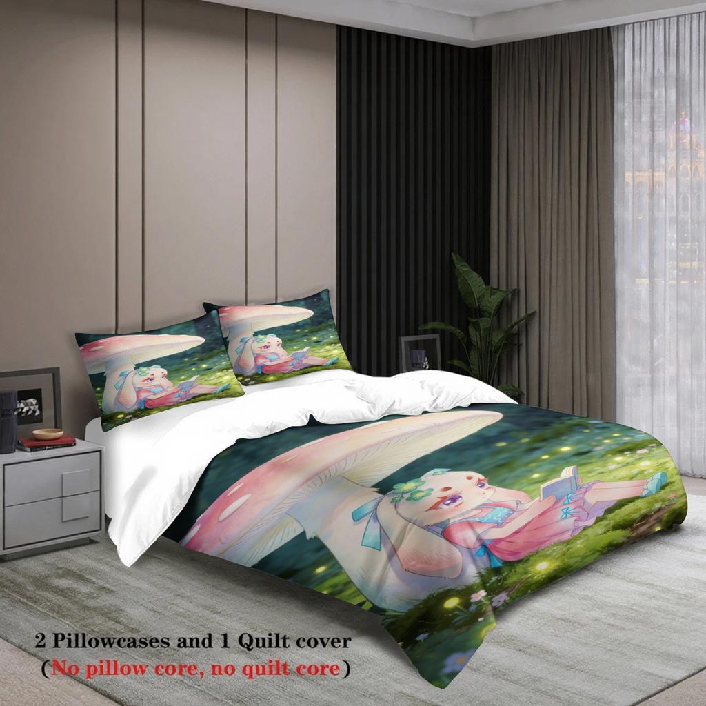 Softville Cozy Town 3PC Bedding Sets Lop Rabbit Reading Under Mushroom Pint Duvet Cover No Filling Cartoon Style Queen King Size