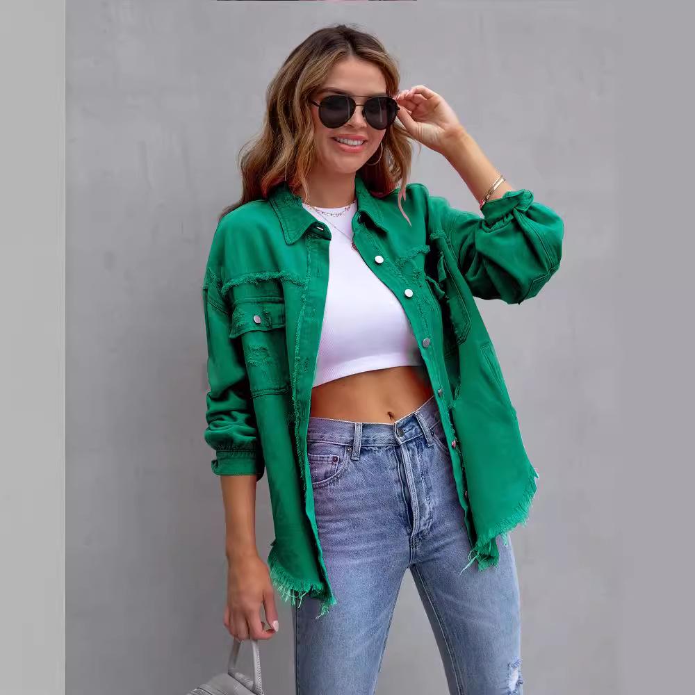 New 2023 Women's Autumn/Winter Denim Cardigan - Solid Color, Single-Breasted Turn-Down Collar Shirt Jacket