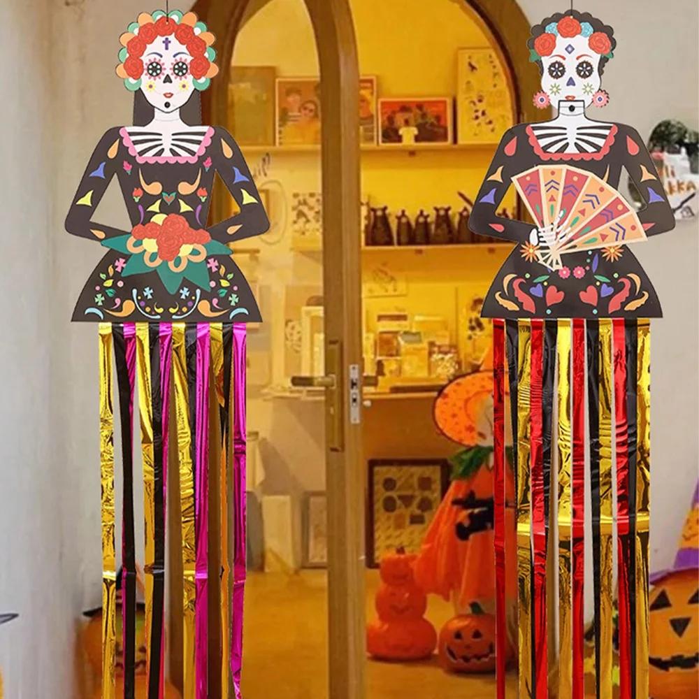 1.3m Mexico Day of the Dead Porch Sign Halloween Party Outdoor Decor Skeleton Ghost Couple Bride Groom Patio Door Hanging Flag