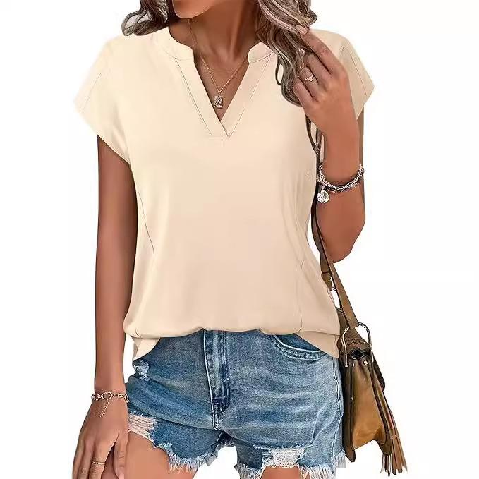Ladies Summer Short Sleeve V Neck Solid Color Pullover T Shirt Top