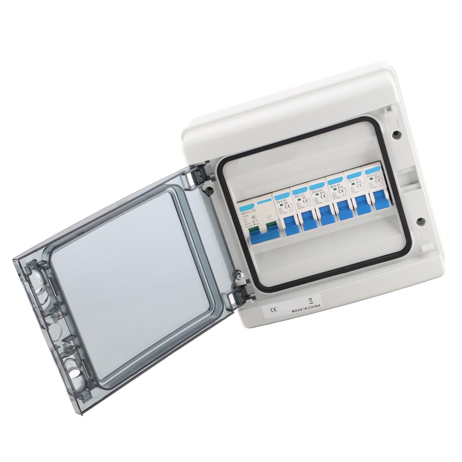 

Waterproof Distribution Box 6 MCB(2xB6A+2xB16A+2xB32A) + Main Switch 100A 6 Way EU Style 230V