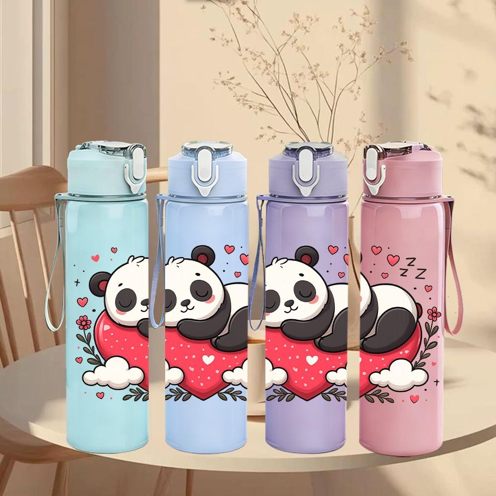 1PC Heart Panda Cartoon 750ml Color Plastic Sports Water Bottle Leakproof Flip Straw Lid Suitable for Sports Office Home Use