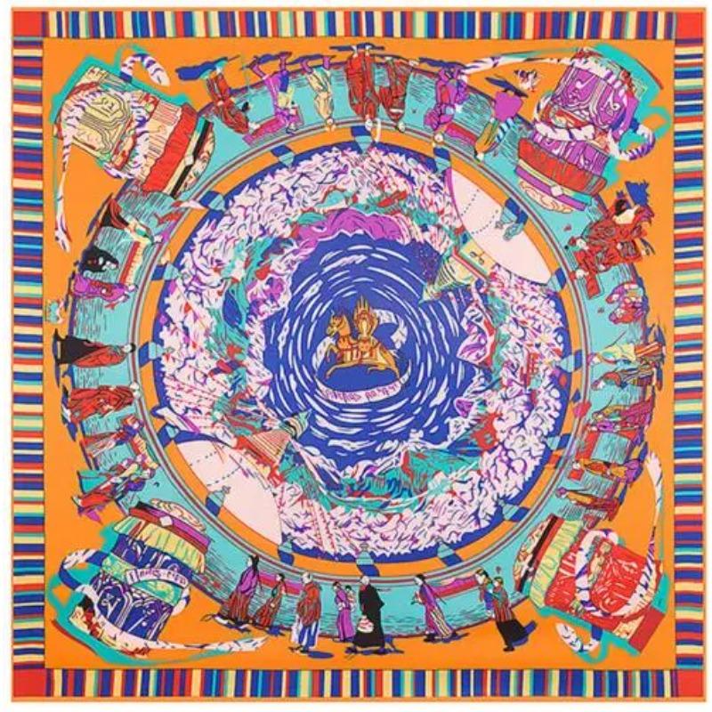 Luxury Brand Scarf Large Square Scarves Headband Tibet Pilgrimage Print 100% Silk Twill Silk Scarf For Women, Shawl Hijab