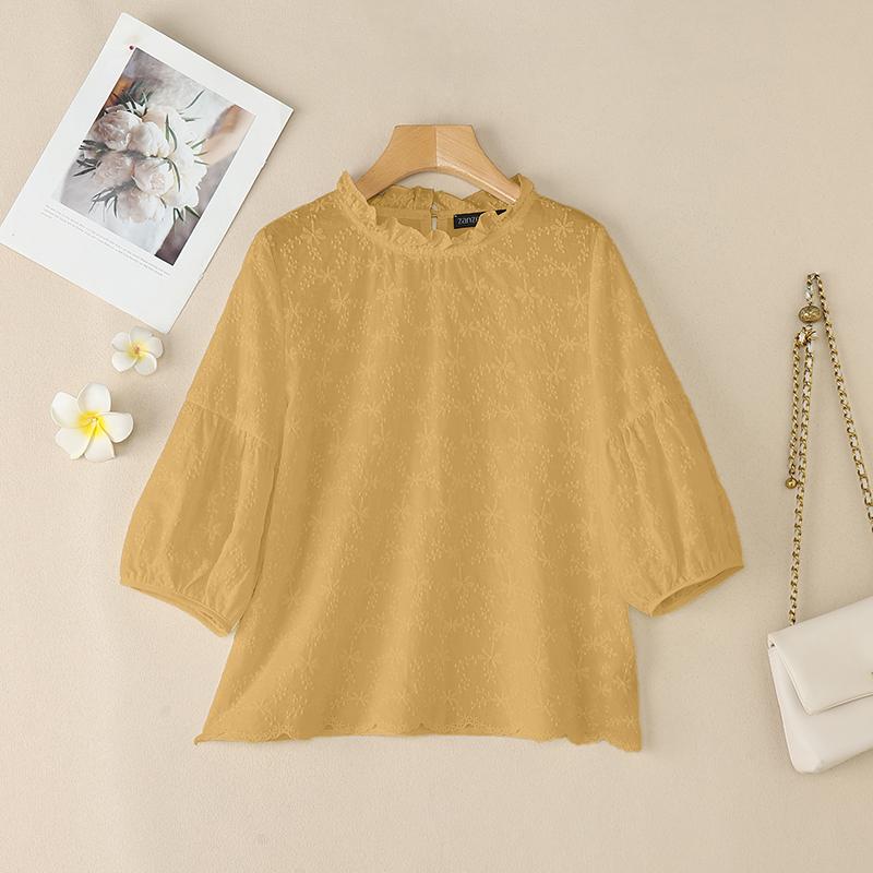 ZANZEA Women Casual Round Neck 3/4 Sleeve Loose Patchwork Cover Up Blouse