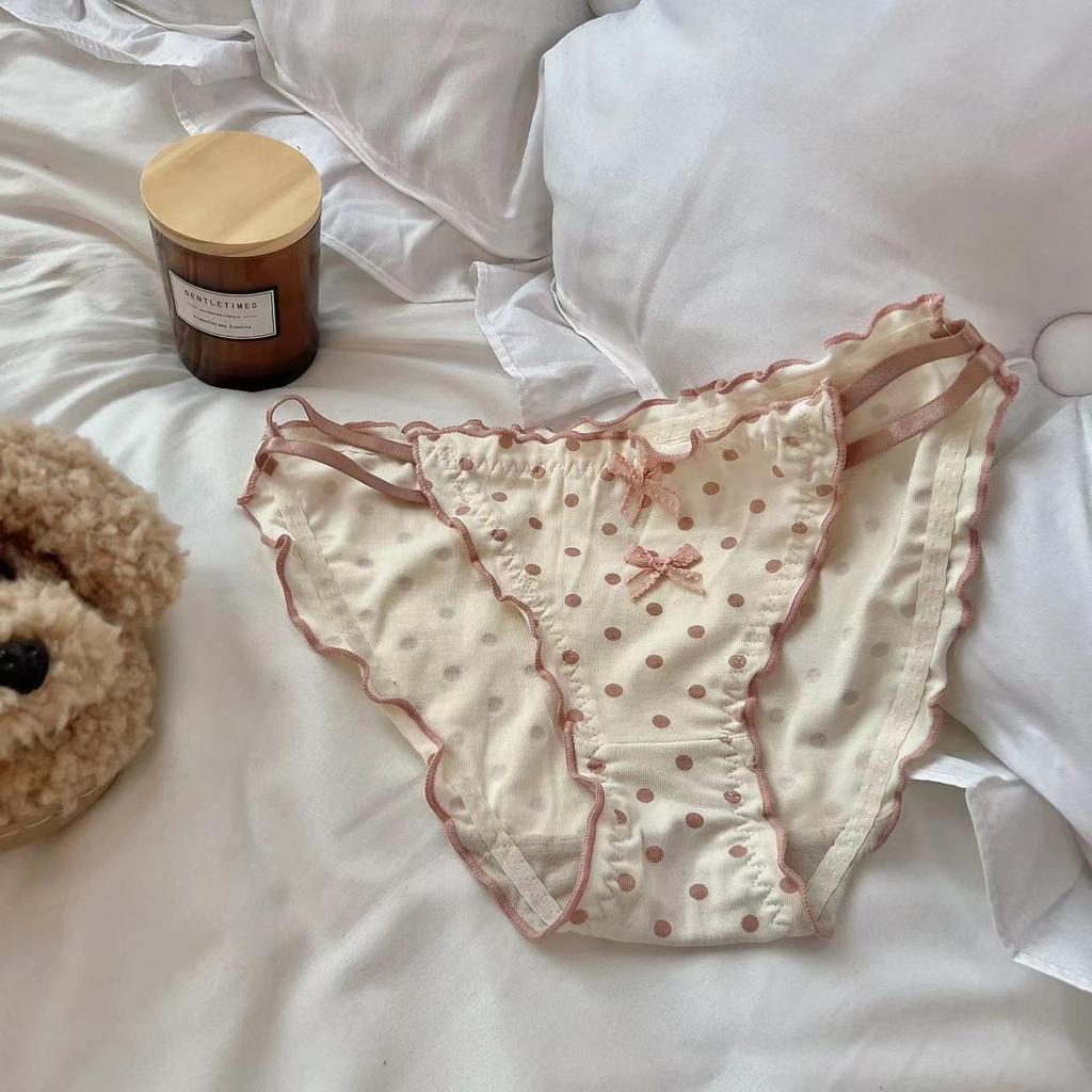 Milky Fufu Gentle Polka Dot Panties: Women's High Cut Bow Ruffle Lace-Edged Seamless Thong