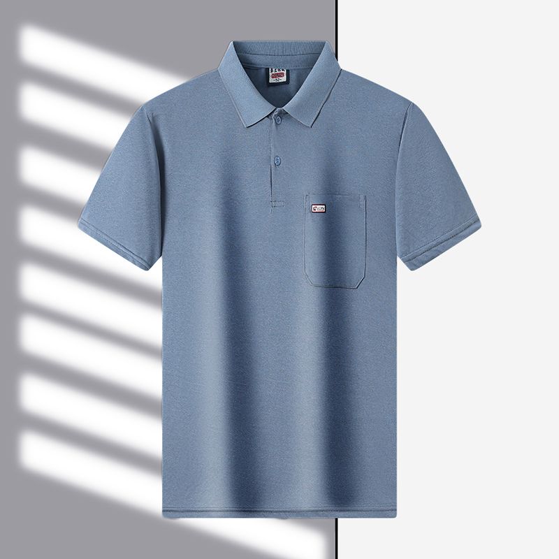 Men's Breathable Cotton Polo Shirt Casual Short Sleeve Lapel Top with Real Pocket Solid Color Daily Tee