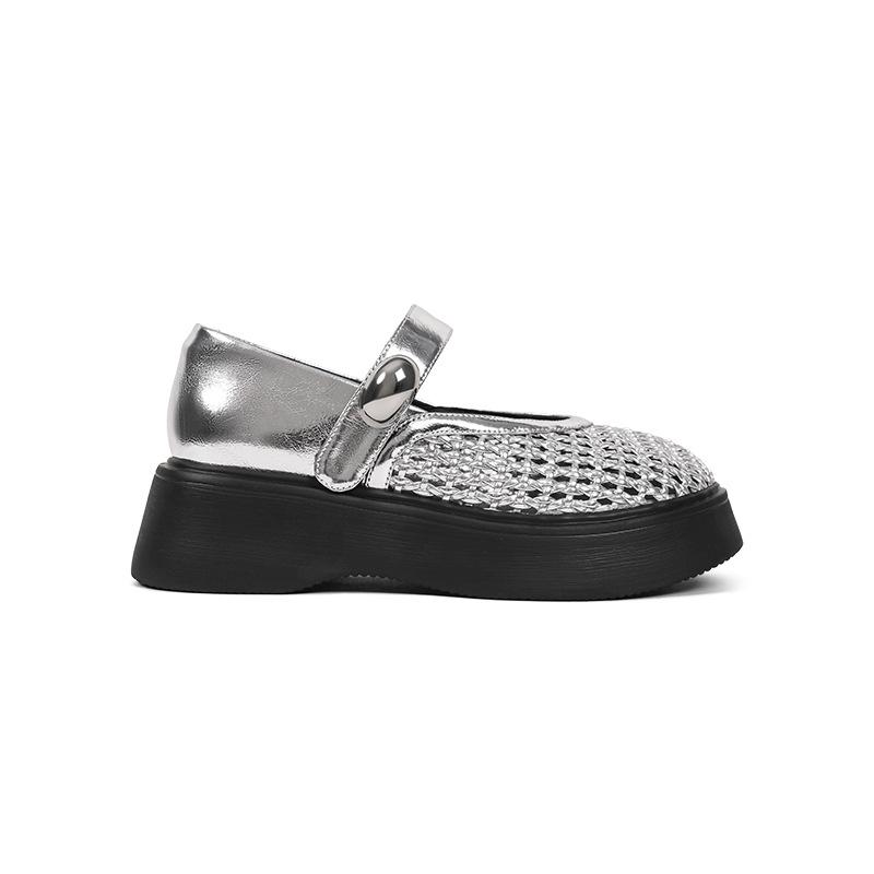Sommerschuhe 2025 Sommer neue runde Zehenpartie dicke Sohle 5,5cm gewebtes Mesh atmungsaktiv Mary Jane Schuhe erhöhend Einzelne Schuhe