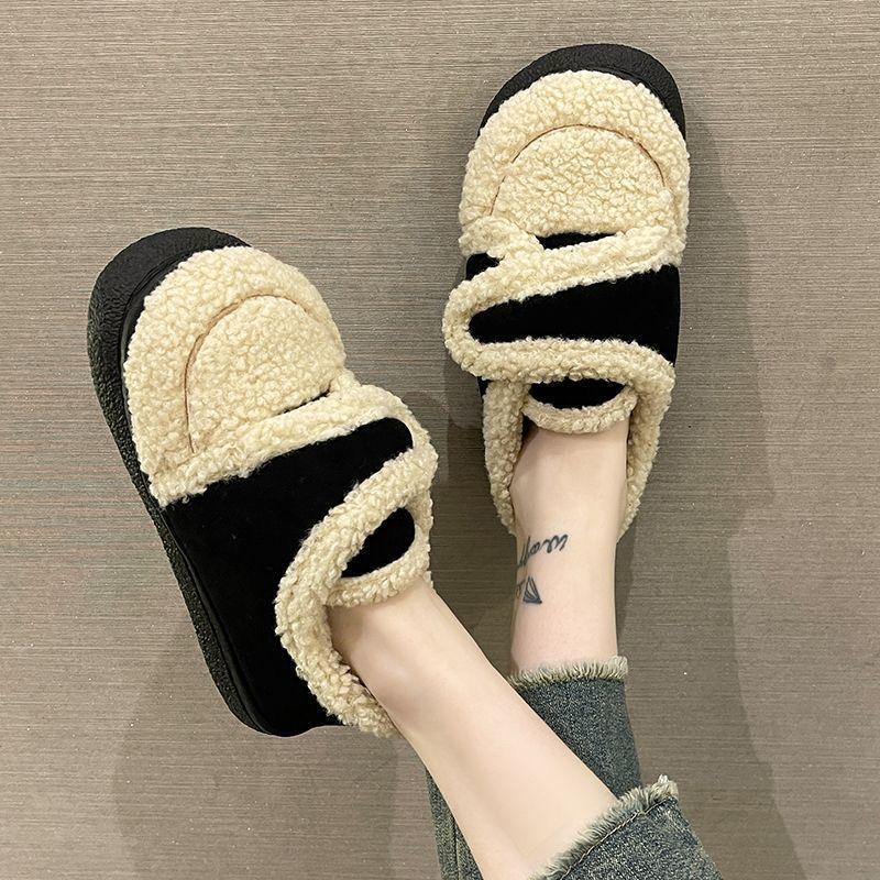 Cotton slippers women's thick-soled winter home flat-soled non-slip warm shoes bag and plush outer wear winter loafers