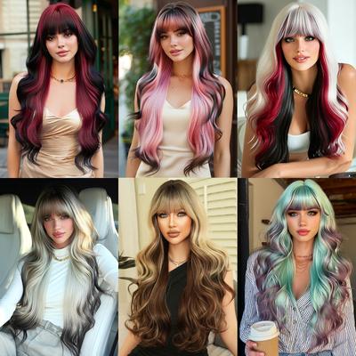 Women's Fashion 30-inch Long Colorful Wavy Wig Fluffy Synthetic Heat-Resistant Full Wig with Blunt Bangs
