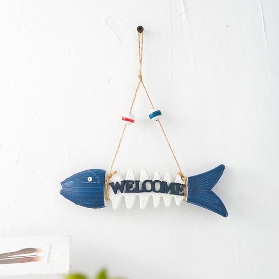 7 Inch Fish Skeleton Welcome Sign Mediterranean Beach Themed Wooden Fishbone Wall Art Vintage Hanging Fish Ornament for Home Bathroom Office Decor