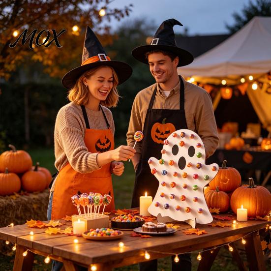 Tabletop Holiday Decoration Halloween Wooden Lollipop Display Stand, Spider Web Ghost Party Favors Pumpkin Shaped Candy Holder, Decor Ornament