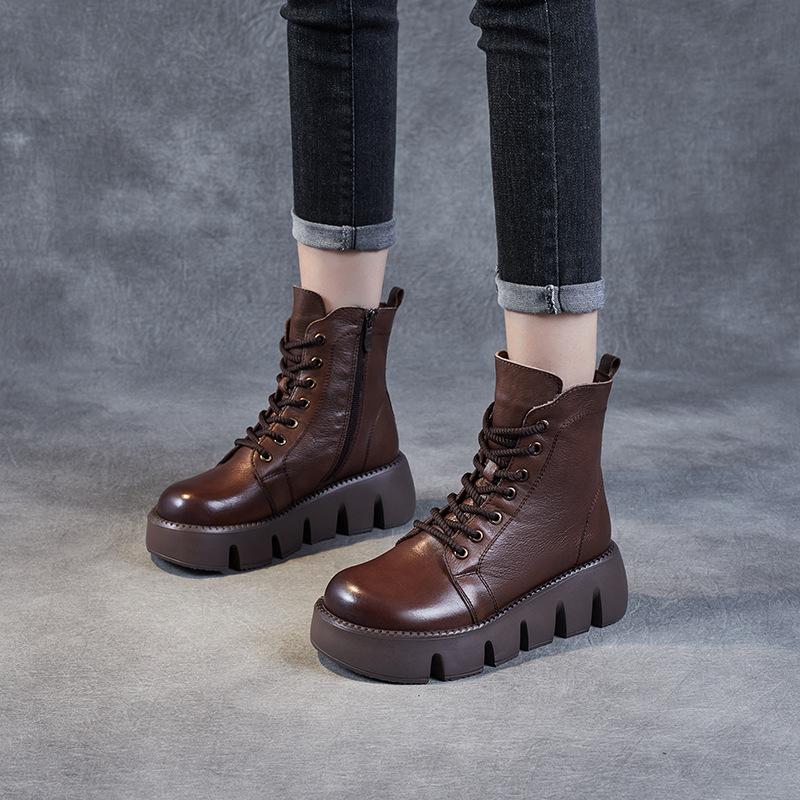 Winter 2025 New Thick-soled Heightening Martin Boots Retro Short Boots Leather Square Head Women's Boots Soft Leather Boots Women's