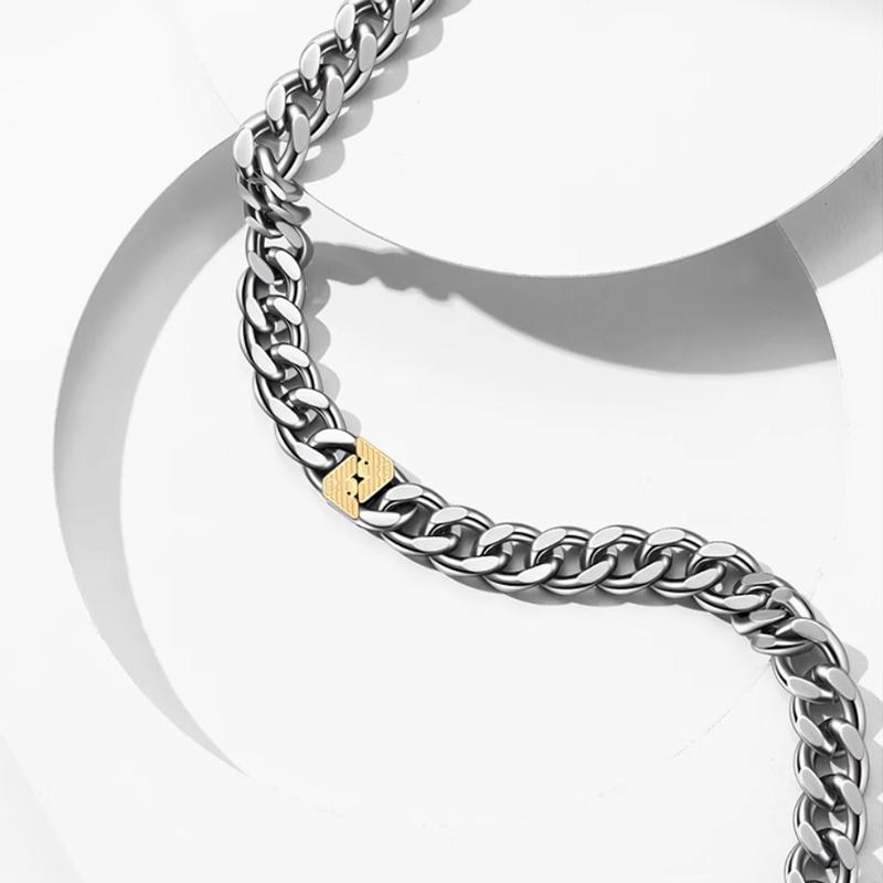 Emporio Armani Light Luxury Hip Hop Cuban Chain Fashion Simple Trendy Street Style Stainless Steel Necklace Men necklace Silver EGS3187040