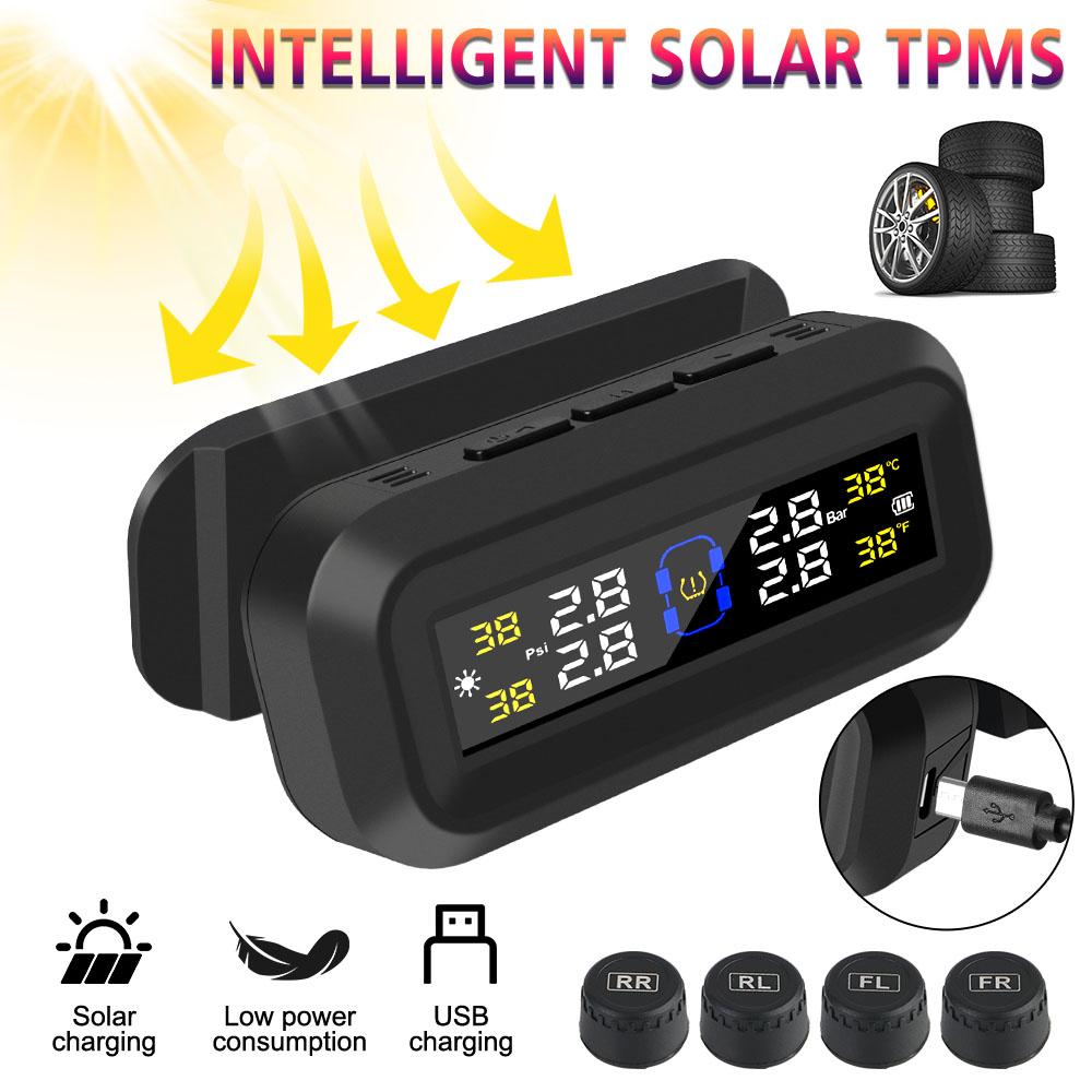 4 Sensors Digital LCD Display Solar USB Powered Auto Security Alarm Tyre Temperature Monitor Tire Pressure Monitoring System Car TPMS