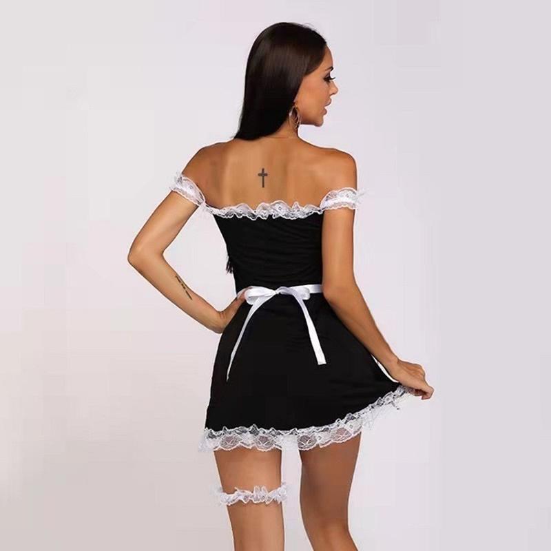 Women Sexy Underwear Erotic Costume Lace Maid Dress One Shoulder Underwear Cosplay French Maid Costume Nightgown