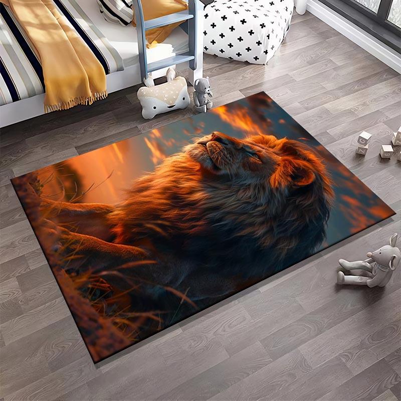 Lion Print Carpet with Sunset Design, Bold Animal Rug for Home Decor Suitable for use as an anti-slip for living room bedroom sofas