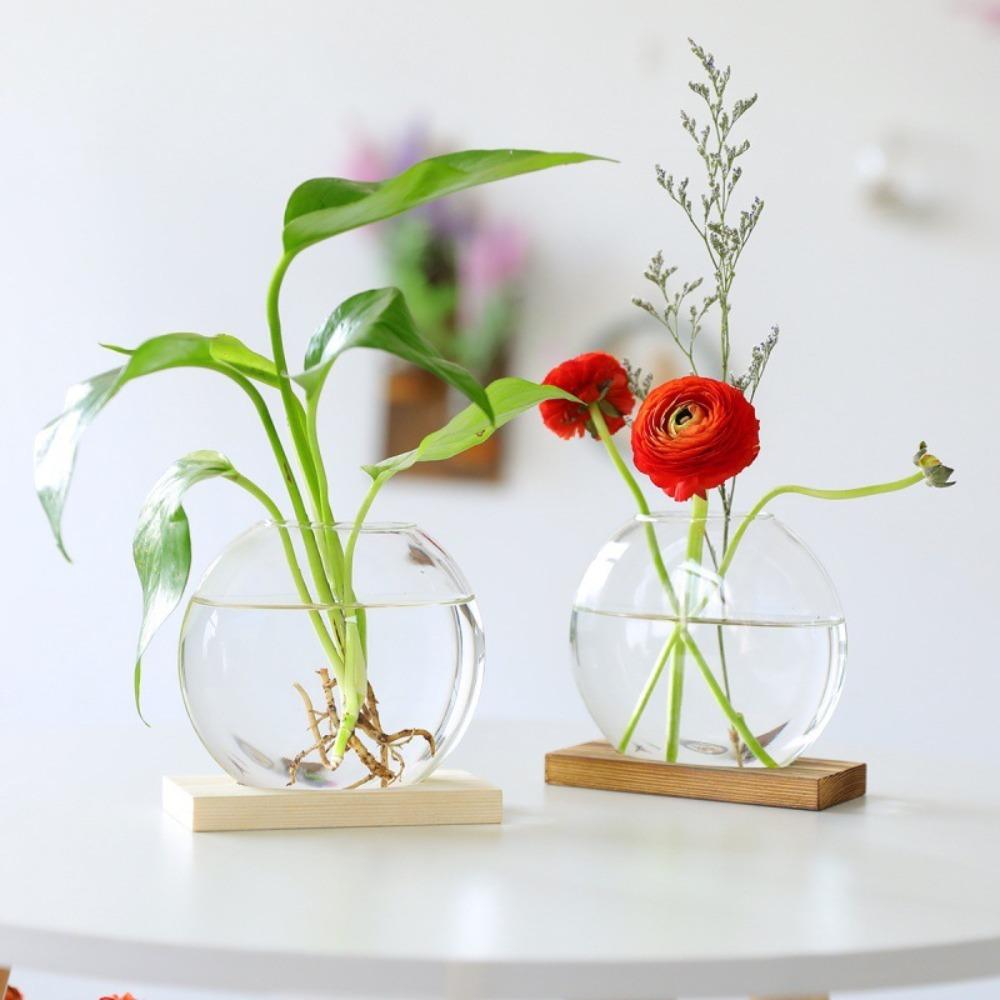 Transparent Glass Round Glass Planters Wooden Stand Plants Glass Vase Plant Lover Gift
