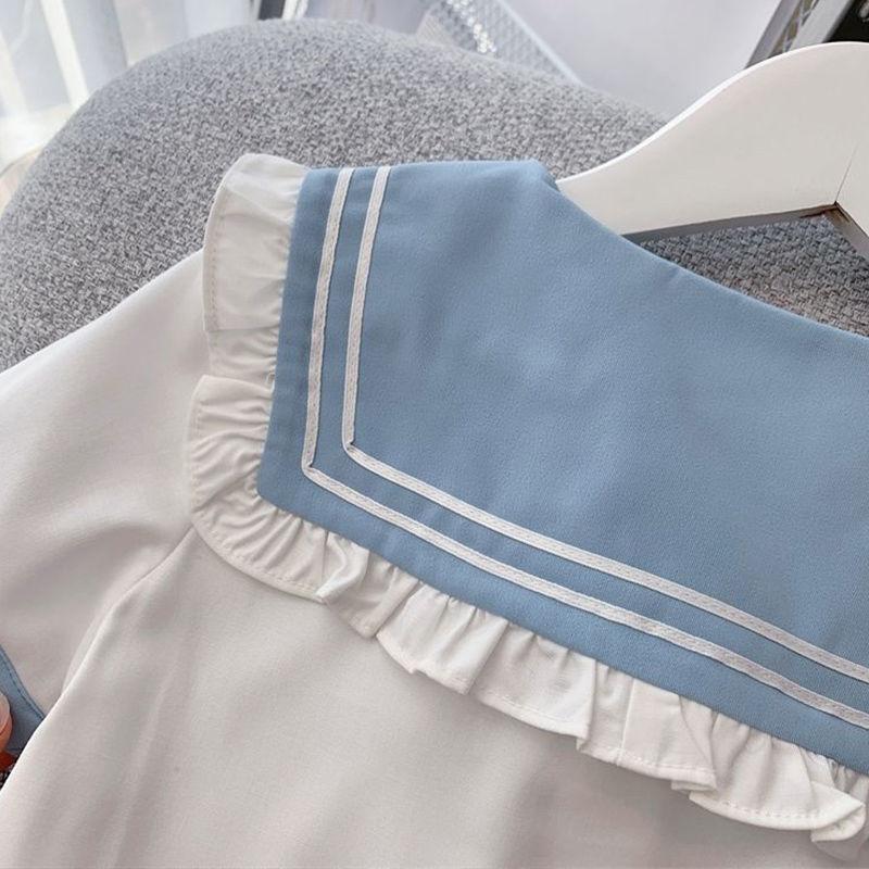 Summer Children Girls Student Set JK Mandarin Collar Tshirts and Pleated Skirts Kid Bottom
