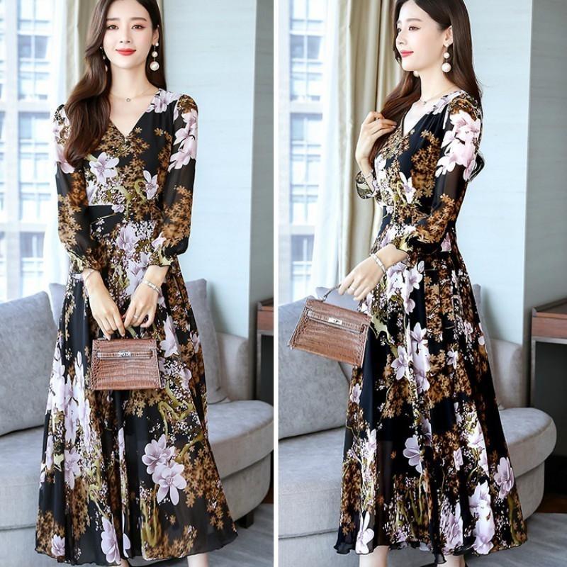 Langermet V-halskjole Kvinner Høst Slim Fit Lang A-linje stort skjørt