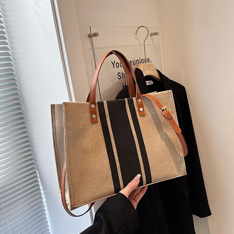 

Простые холщовые сумки в полоску с декором, женские сумки-тоут с верхней ручкой, повседневные сумки через плечо большой вместимости 32x13x25cm чёрный