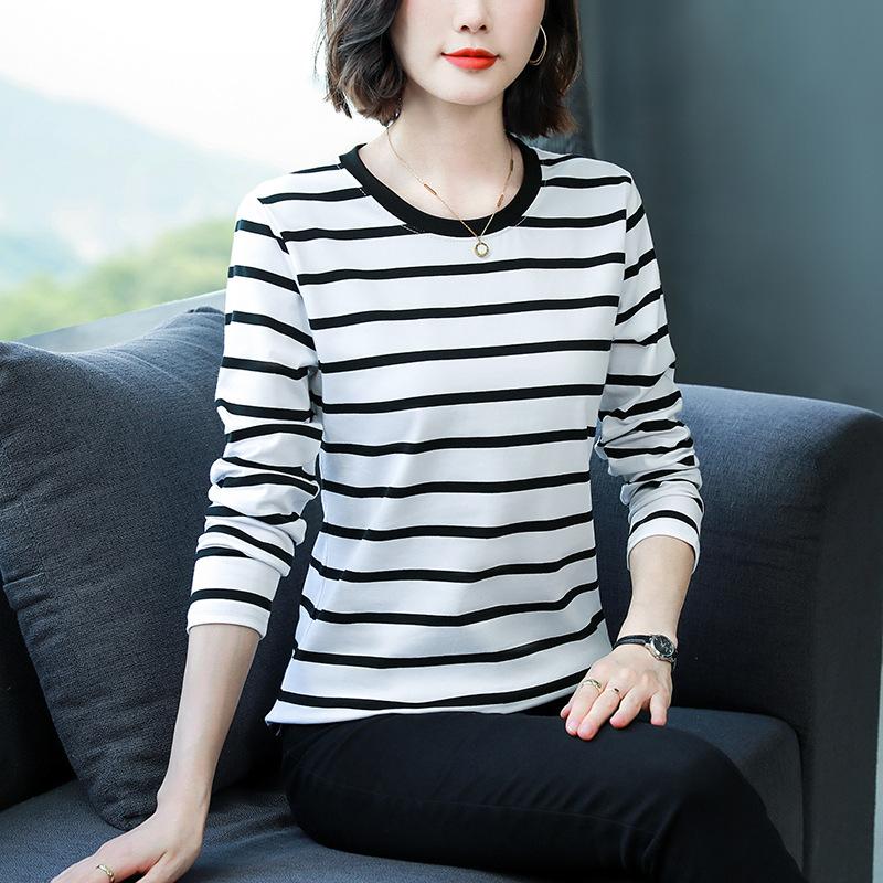 Women Plus Size Striped Long Sleeve T-Shirt O-Neck Cotton Loose Casual Fall Basic Base Top M-5XL