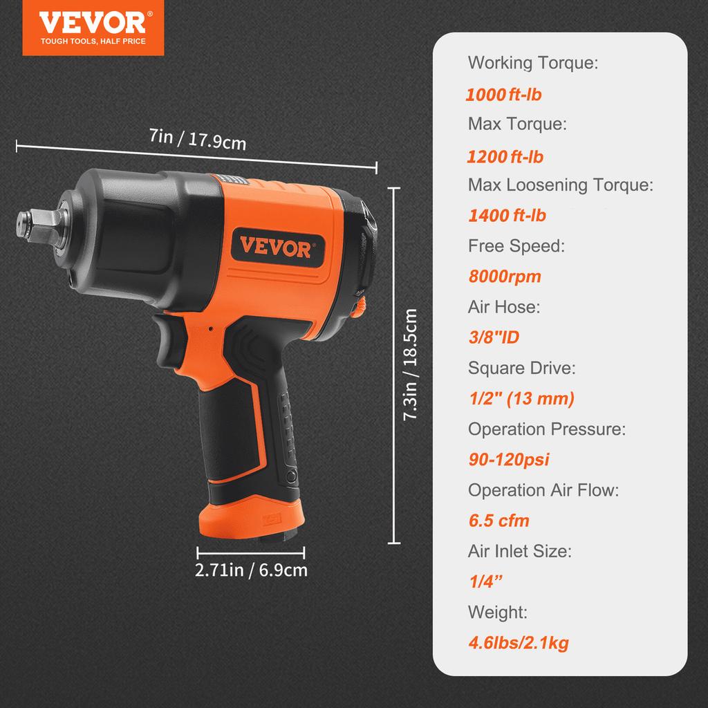 1/2-Inch Air Impact Wrench, High Torque Up To 1400 Ft-lbs, Lightweight 4.6 Lb Design Pneumatic Impact Gun with 11-PCS 1/2-Inch Drive CR-V Steel Impact